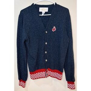 Tuesday Bassen Navy Wool Silk Scorpion‎ Cardigan Sweater Checkered Trim Small